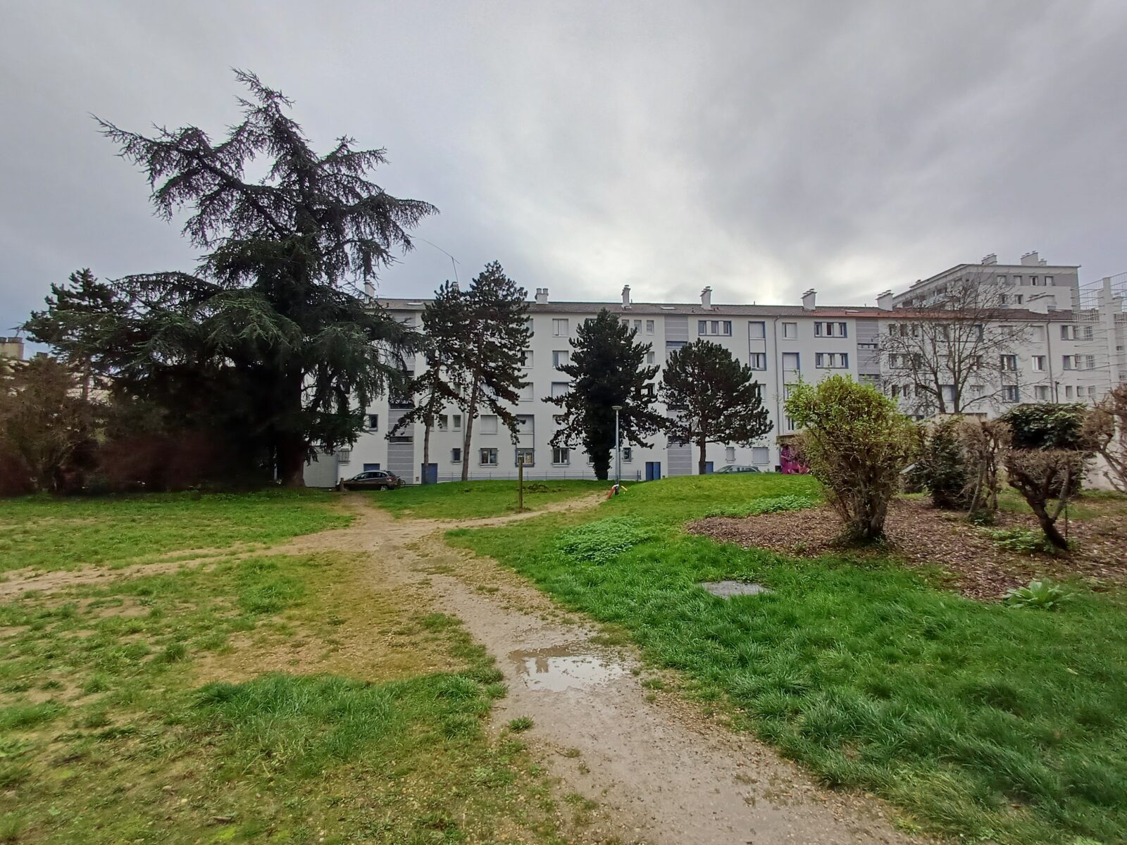 Immeuble avec parc au premier plan