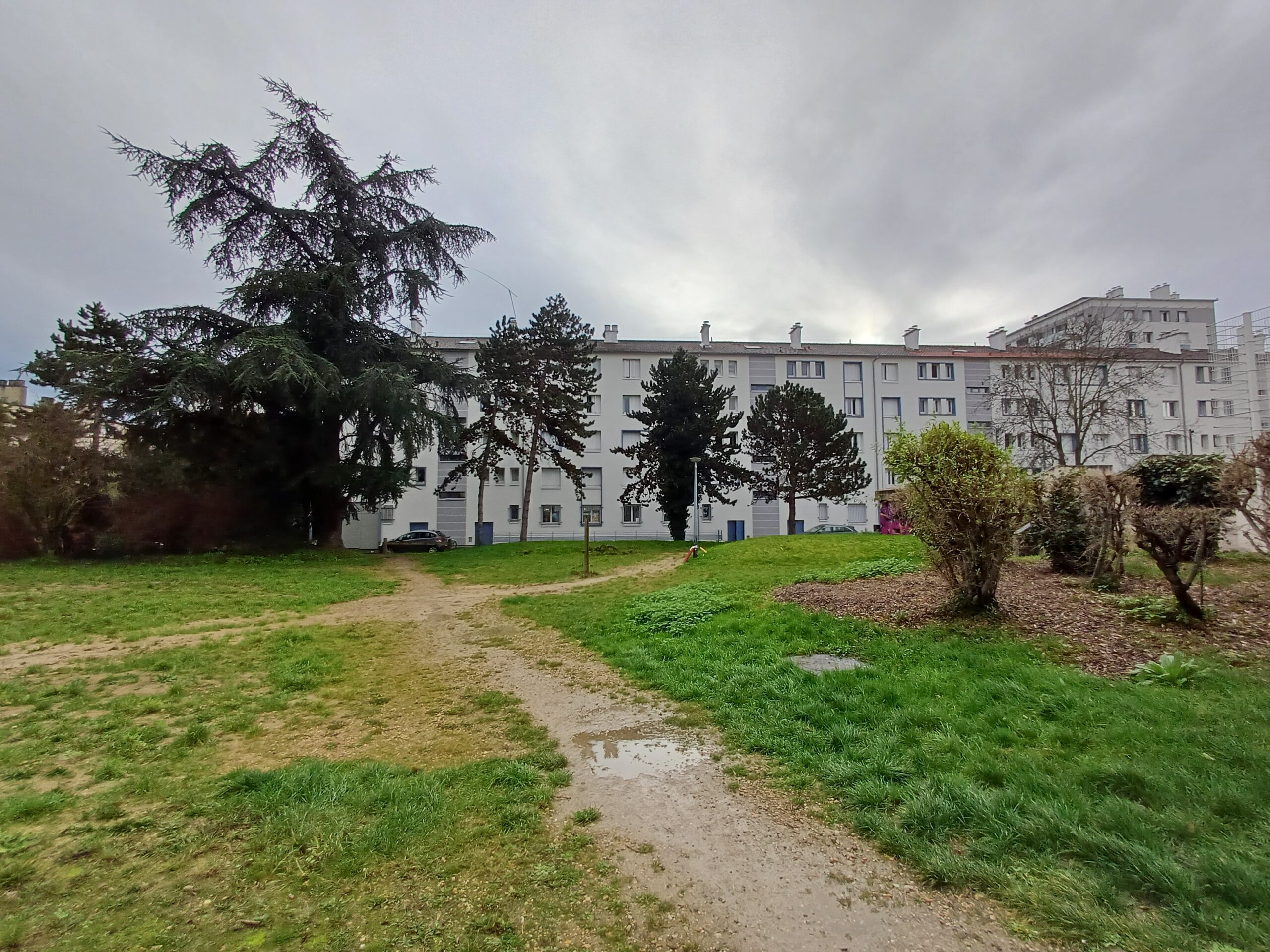 Immeuble avec parc au premier plan