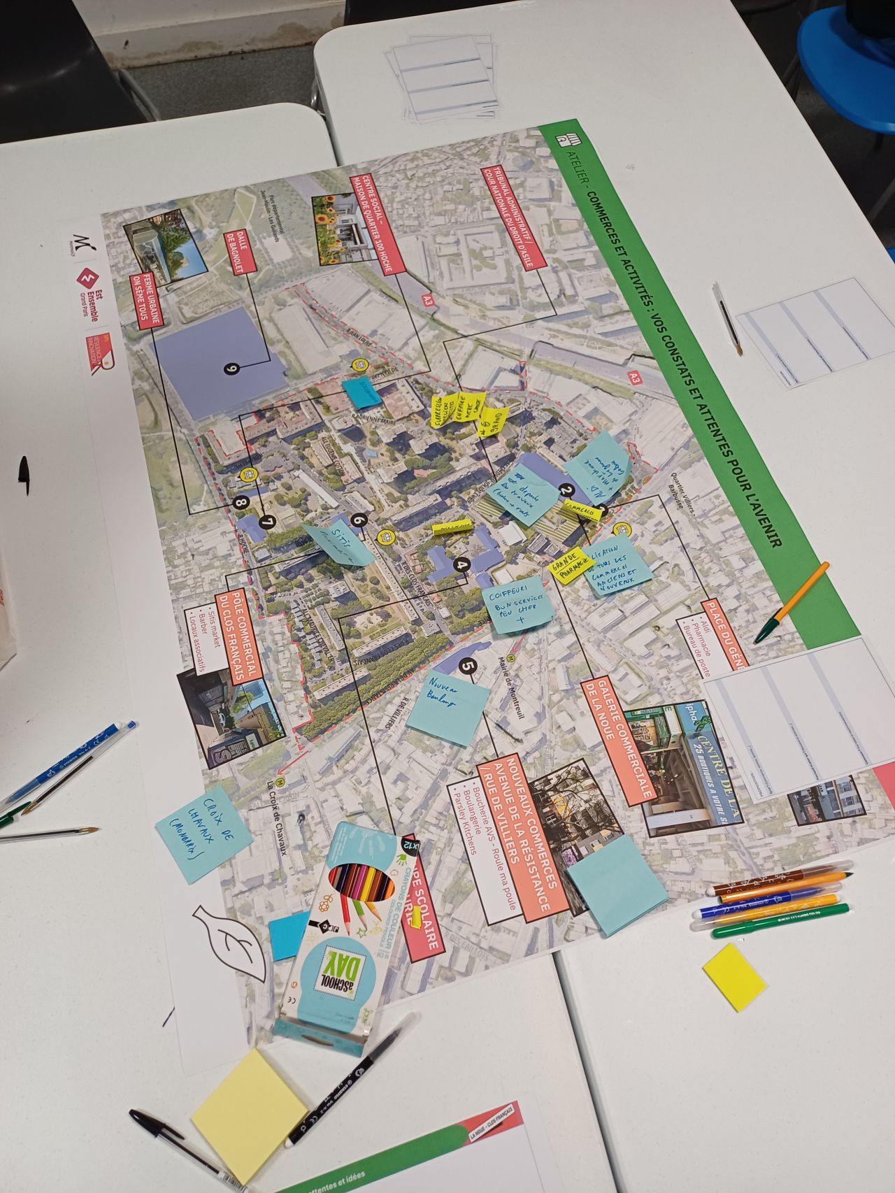 Plan et post-it du quartier de La Noue Clos